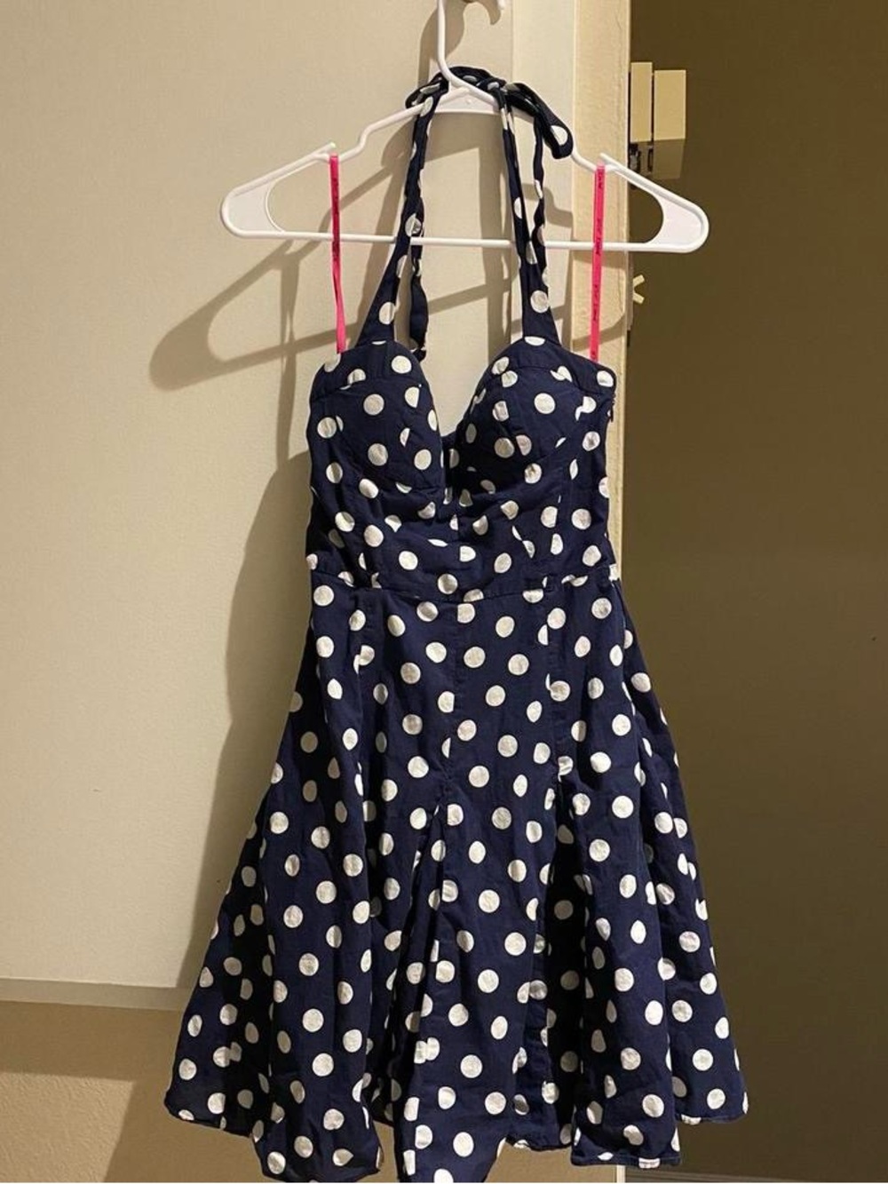 Betsey Johnson vintage Navy Blue and White Polka Dot halter Mini Dress